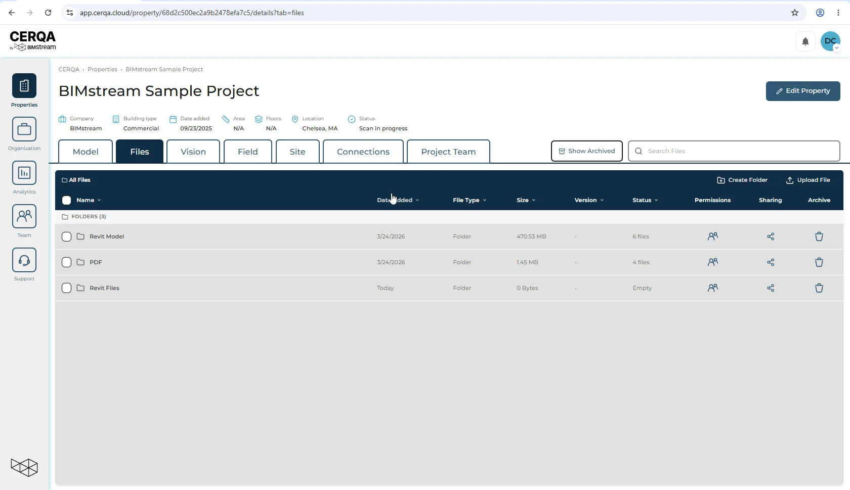 A property's Files tab open in the CERQA app, showing the default single-pane file list at the root breadcrumb (All Files) with a few folder rows visible. The Files tab is highlighted in the property tab bar; the Create Folder and Upload File actions are in the top-right of the list; Show Archived toggle and Search Files sit above.