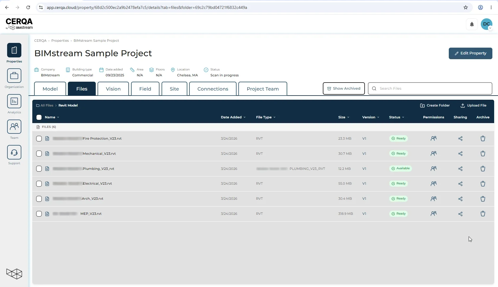 The Files tab drilled into the Revit Model folder. The breadcrumb reads All Files > Revit Model. The pane below lists the folder's files as rows with their name, date added, file type, size, version, and status. Clicking a breadcrumb segment jumps back up.