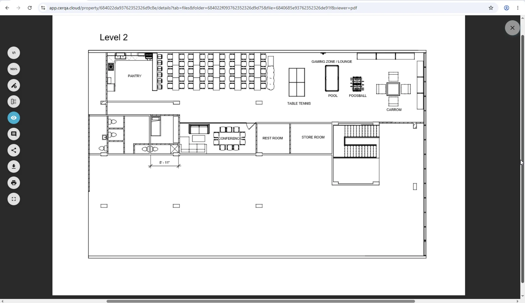 A PDF open in CERQA's inline viewer, with the markup toolbar visible across the top and the page shown below. The viewer fills the main work area while the property sidebar remains visible on the left.