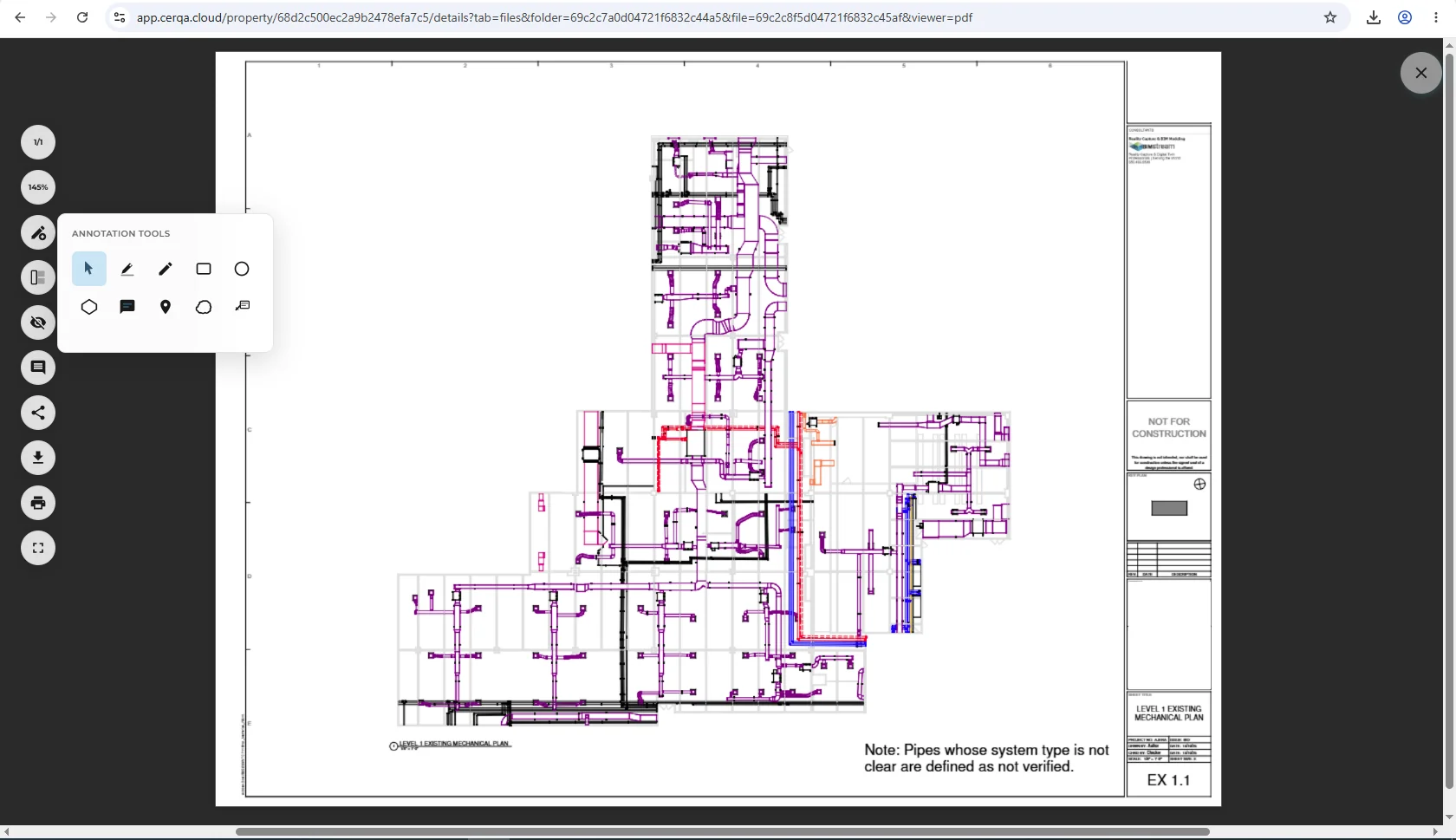 A PDF drawing open in CERQA's inline viewer with the ANNOTATION TOOLS flyout open beside the left toolbar. The flyout holds ten tools in two rows: a select cursor (active), highlighter, freehand pencil, rectangle and ellipse on the first row, then polygon, comment, pin, cloud and text callout on the second.