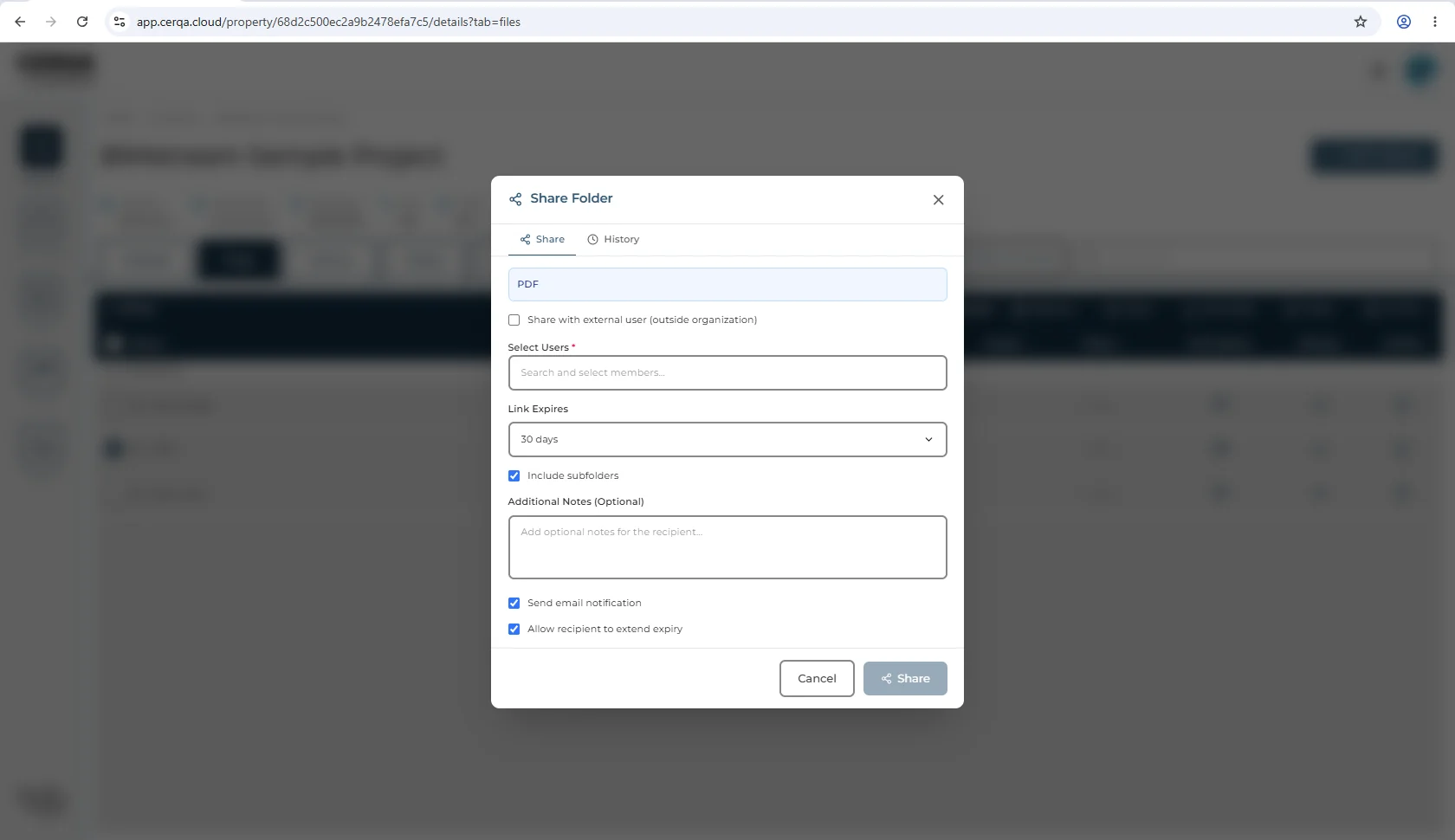 The Share Folder dialog open in CERQA, showing the Share tab selected with the folder name in the header and the share configuration fields below.