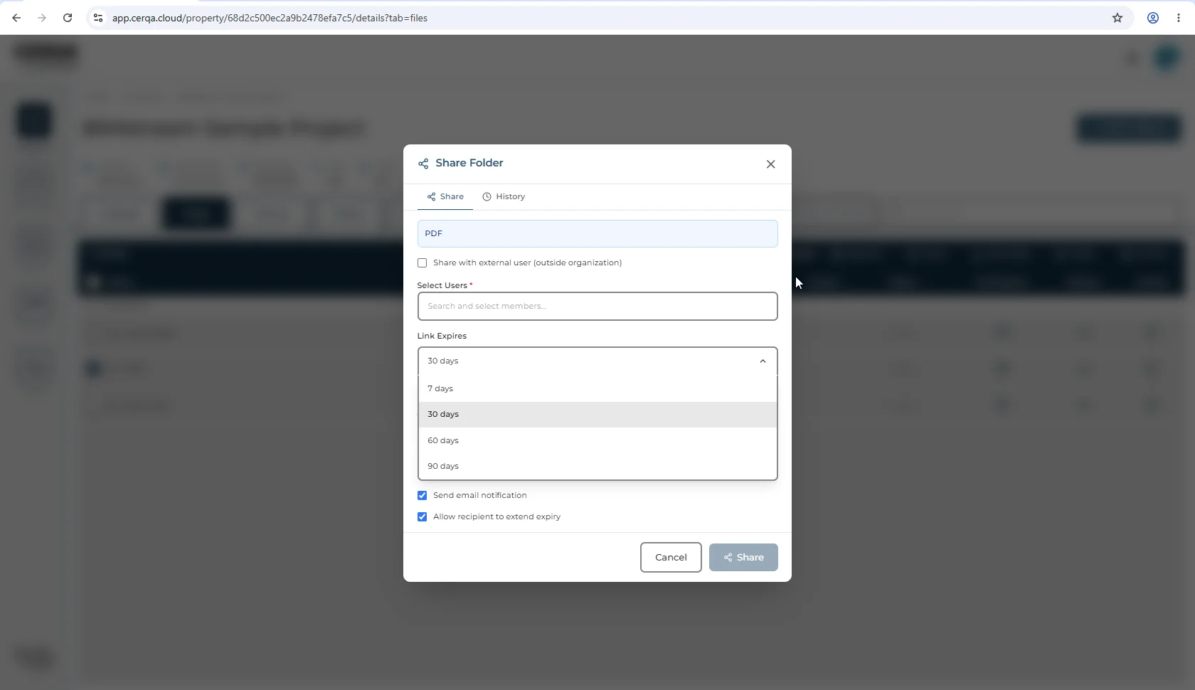 The Link Expires dropdown expanded in the Share Folder dialog, showing the four options: 7 days, 30 days, 60 days, 90 days.