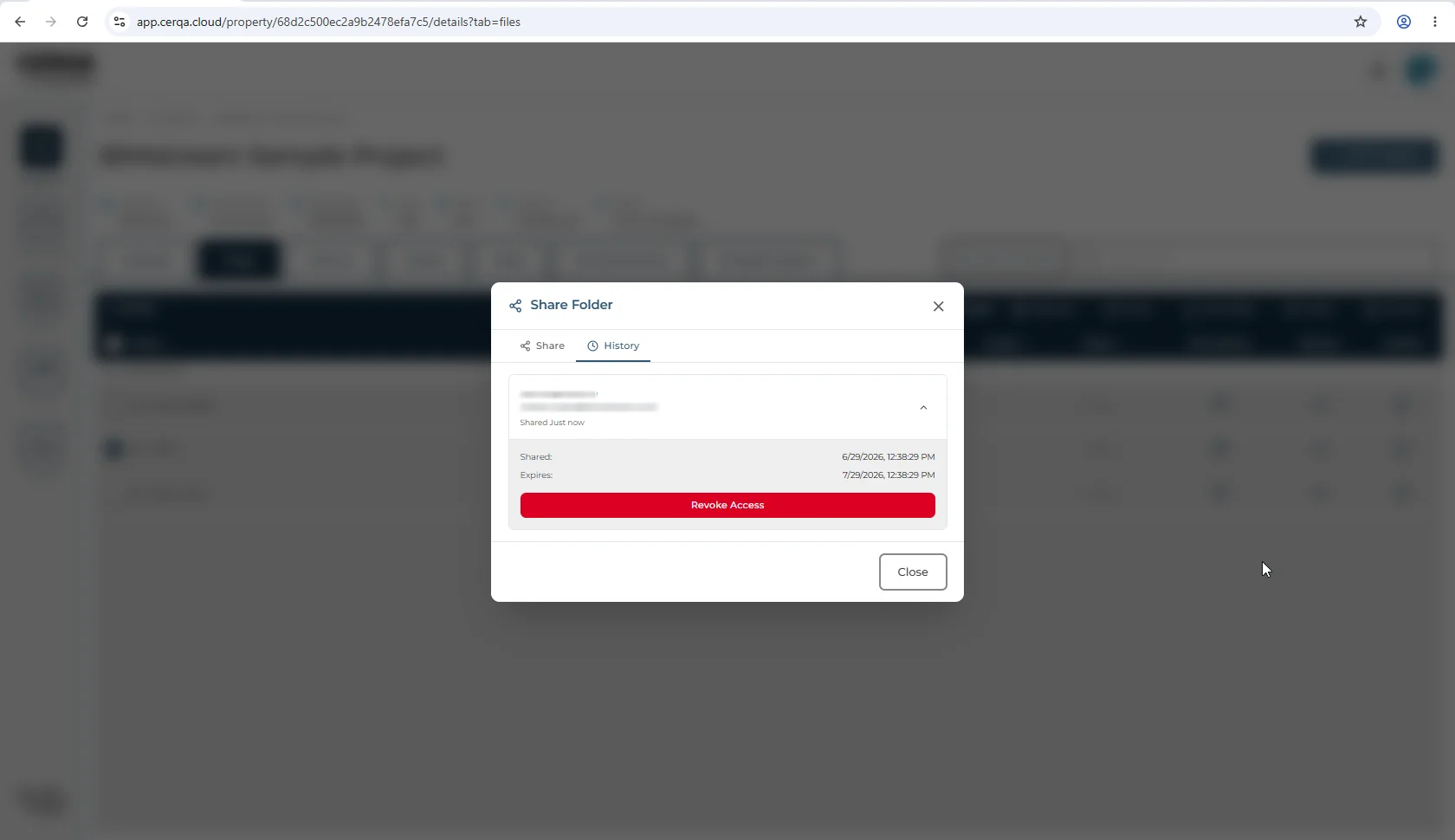 The History tab in the Share Folder dialog showing a list of previously generated share links with their recipients, expiry dates, and revoke action.