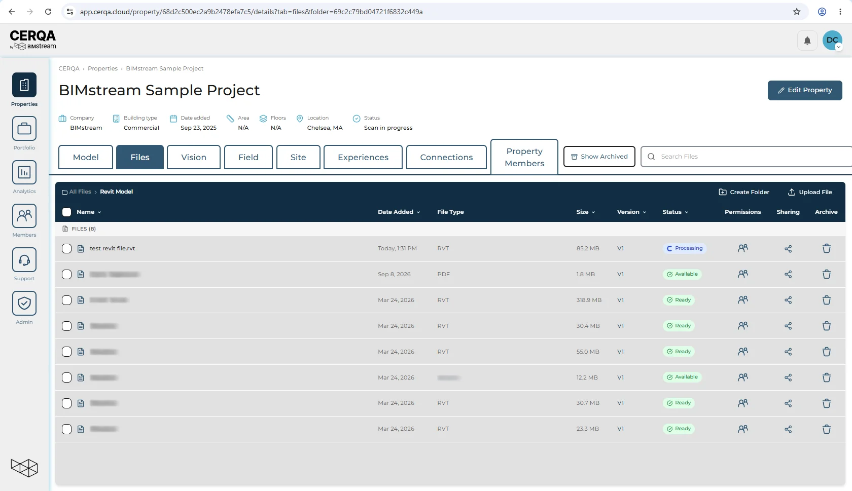 The Model tab in CERQA right after the Autodesk picker returns, showing the imported model in a processing state in the model list with a processing indicator visible near the model's row.