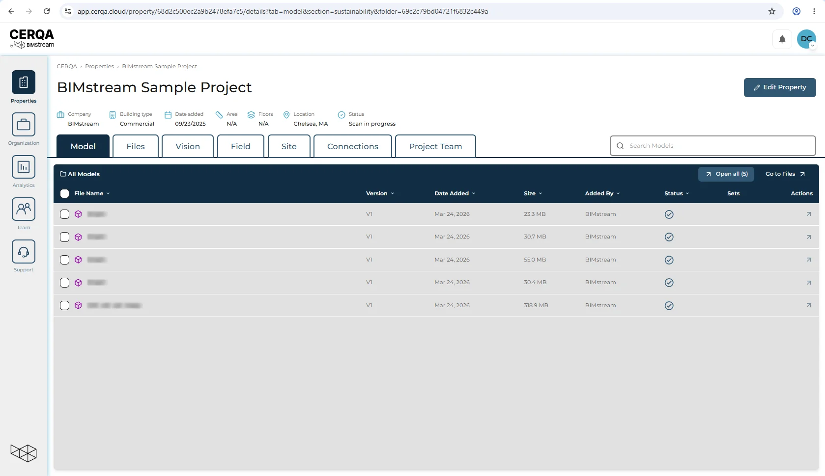 The Model tab in CERQA after processing completes, showing the imported model loaded in the 3D viewer and added to the model list as a fully-available entry (tagged in the Sets column with any set(s) it belongs to).