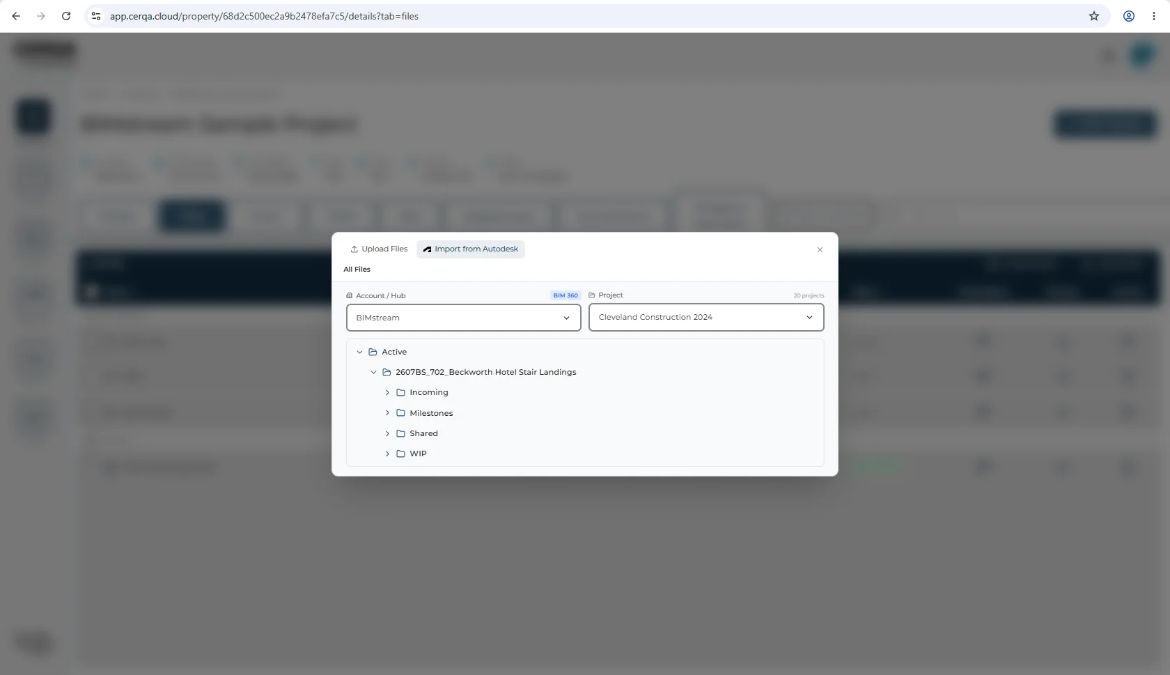 The Files upload dialog with the Import from Autodesk tab selected, showing CERQA's own picker: an Account / Hub dropdown with a hub selected and its BIM 360 source badge, a Project dropdown with a project chosen and its project count beside it, and a folder tree rooted at Active, expanded through the project folder into its Incoming, Milestones, Shared and WIP subfolders.