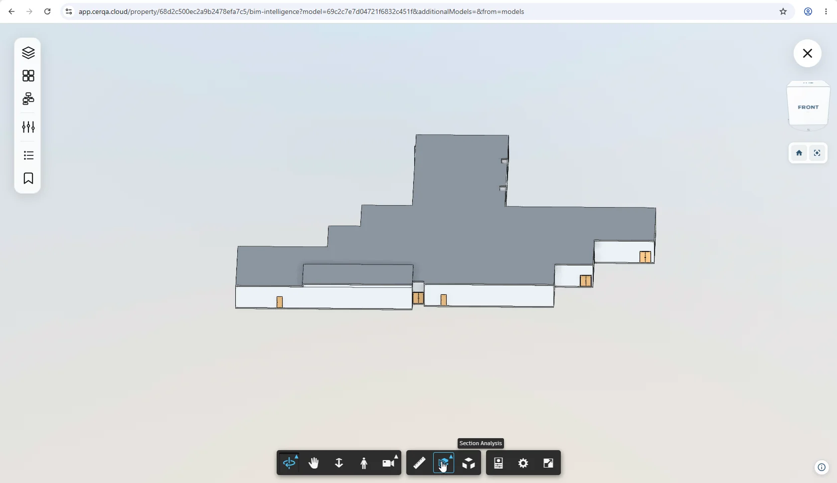 The BIM viewer toolbar along the bottom of the 3D viewer with the section-box icon highlighted; the measure control sits alongside it in the same toolbar.