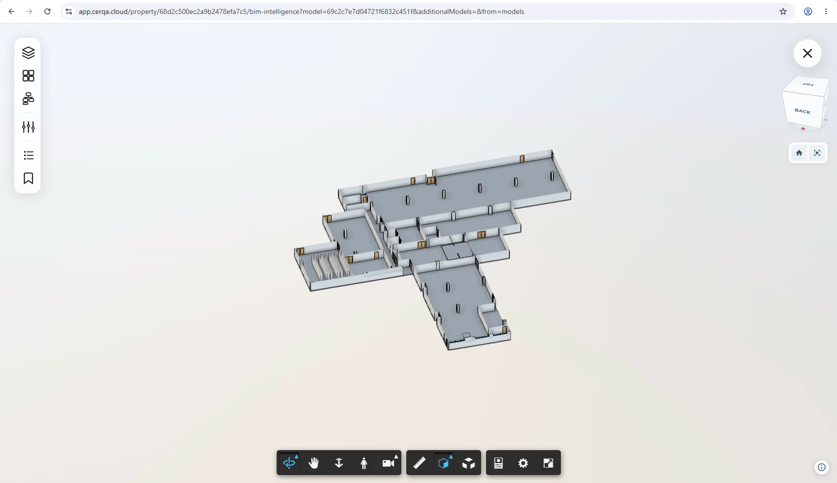 Mid-slice state in the BIM viewer with one section face dragged inward to cut into the model, revealing interior geometry that was previously hidden behind the building shell.