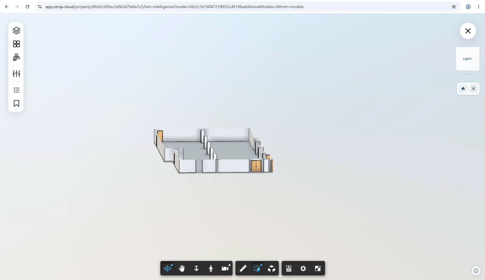 A compound cut in the BIM viewer combining a level isolation (single floor only) with an active section box slicing into a specific area of that floor. The visible geometry is a single room on a single level.