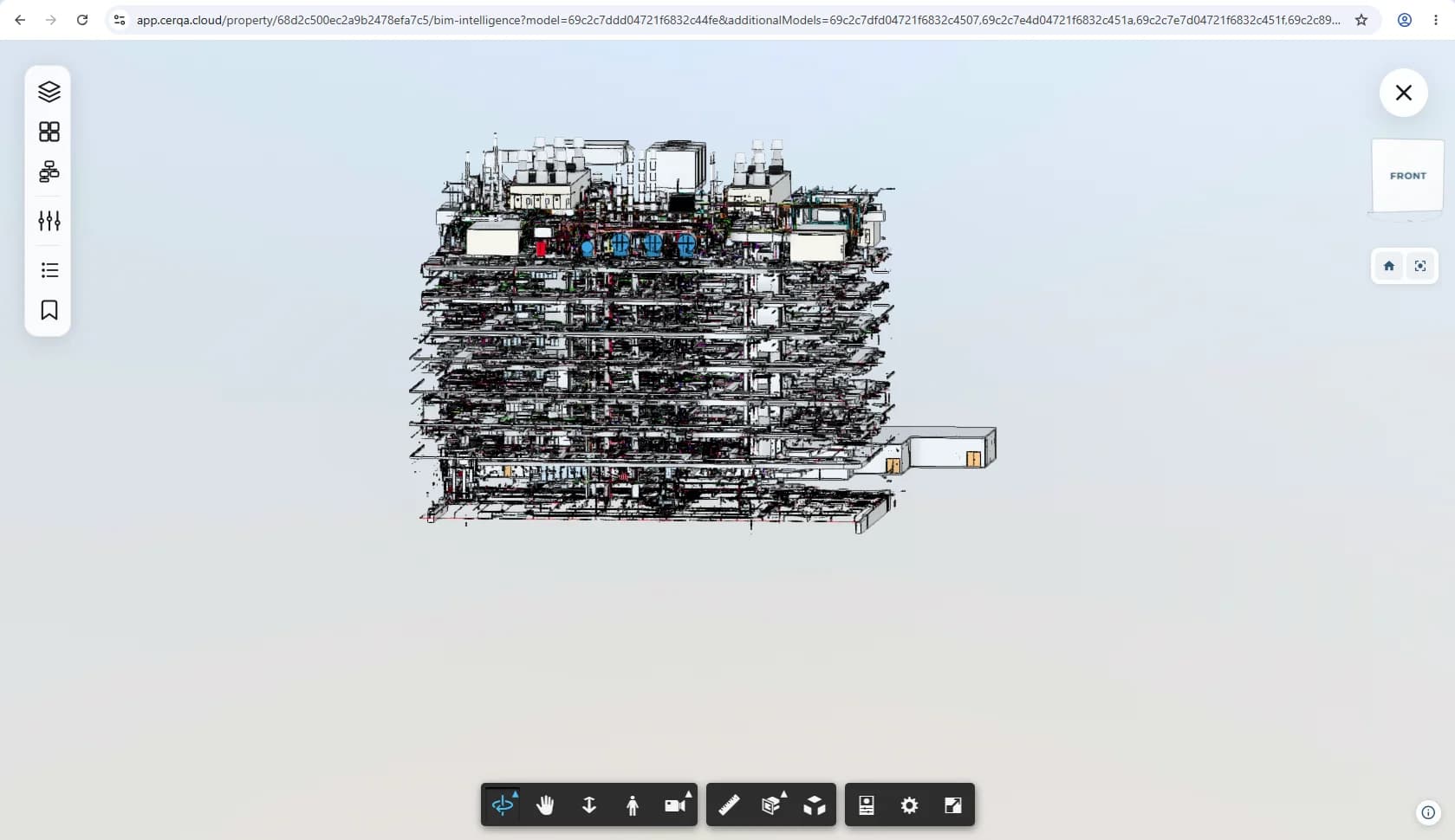 A 3D viewer rendering multiple models loaded as a set: the architectural shell visible alongside structural columns/beams and overlaid MEP runs.