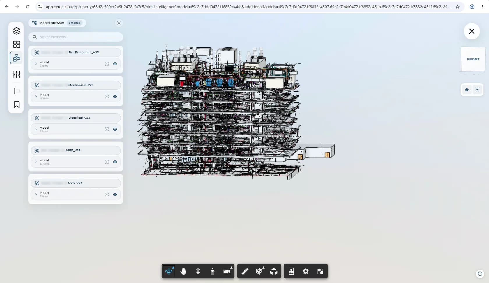The model tree expanded to show several constituent models, each with its own visibility toggles and an isolate button. A nested category list under one model shows individual layer toggles.