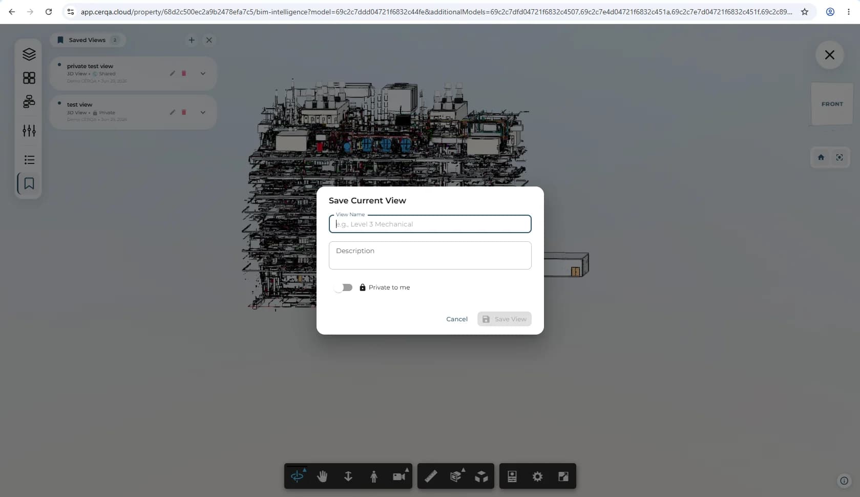 The Save Current View dialog asking for a view name and an optional description, with a Private to me toggle controlling whether the view is kept personal or shared with the team.