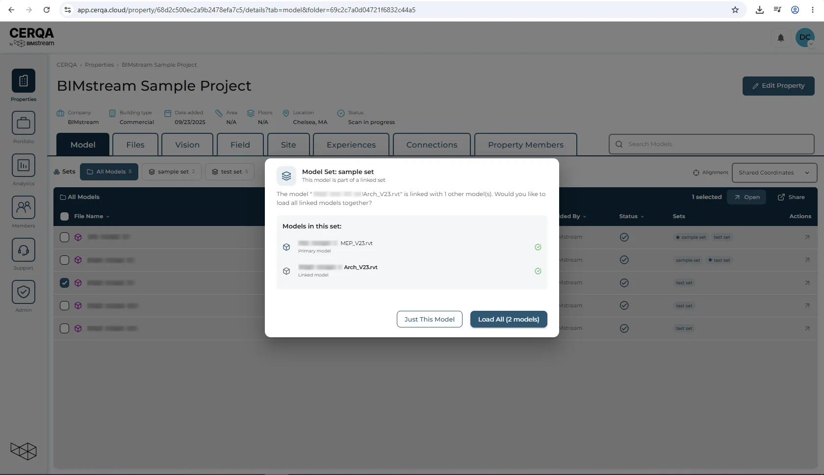 The linked-set popup that opens when a member clicks a model row belonging to a linked set on the Model tab. Its title reads 'Model Set: sample set' with 'This model is part of a linked set' on the line beneath. A 'Models in this set:' list names each model, labeled 'Primary model' or 'Linked model', and two buttons sit at the bottom: 'Just This Model' and 'Load All (2 models)', the second naming the number of models in the set.