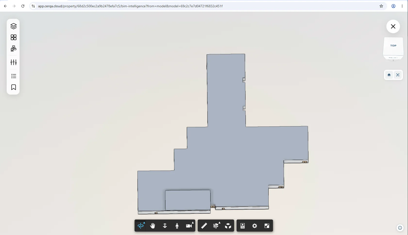 The Model tab on a property freshly loaded in CERQA's BIM viewer. A 3D model fills the work area from a top-down default angle; the viewer's control sidebar sits on the left and the viewer toolbar runs along the bottom.