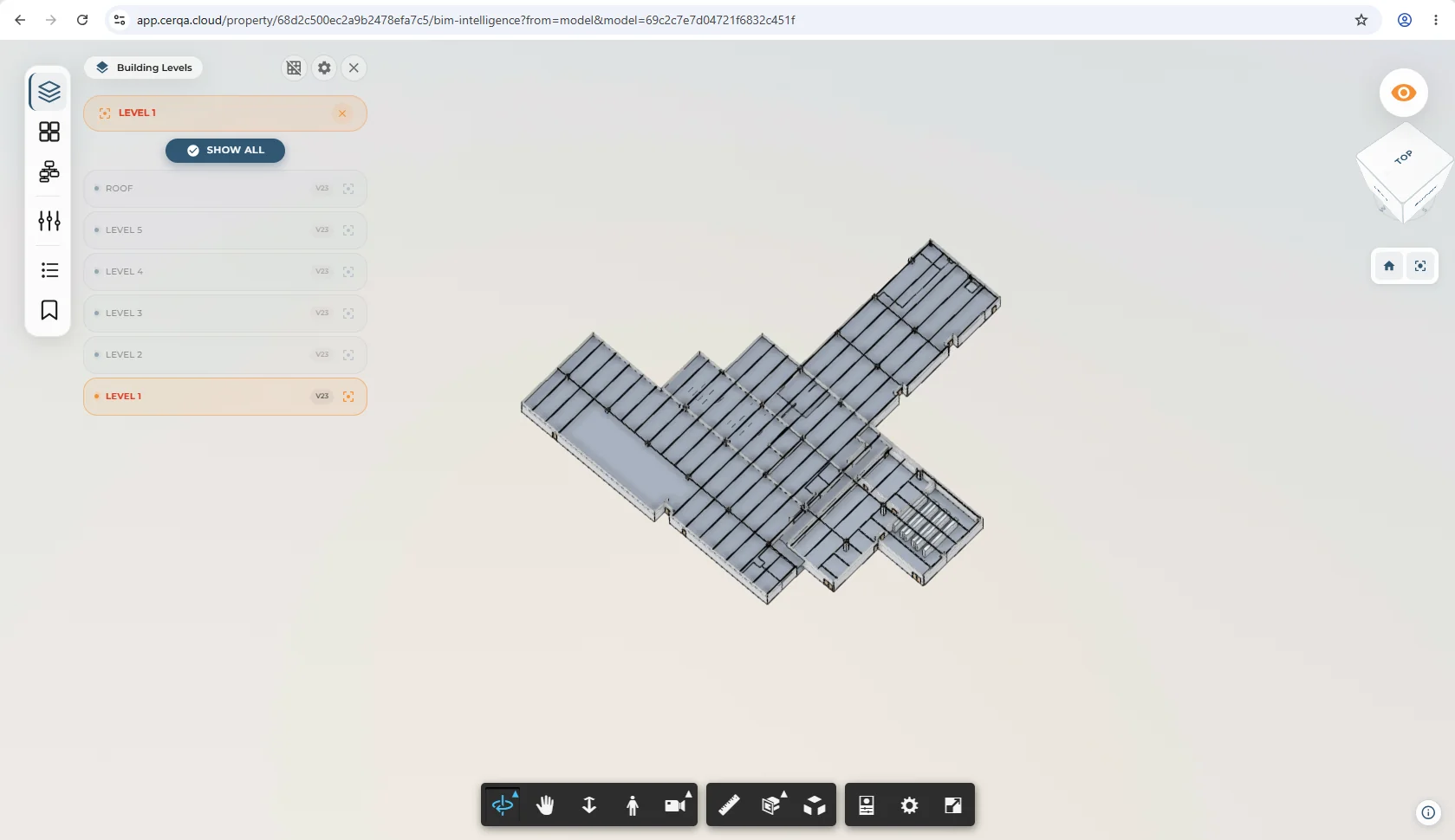 The BIM viewer with one level isolated and the Building Levels panel open, listing ROOF and LEVEL 5 down to LEVEL 1 with LEVEL 1 active and highlighted, and a Show All button to restore the full model.