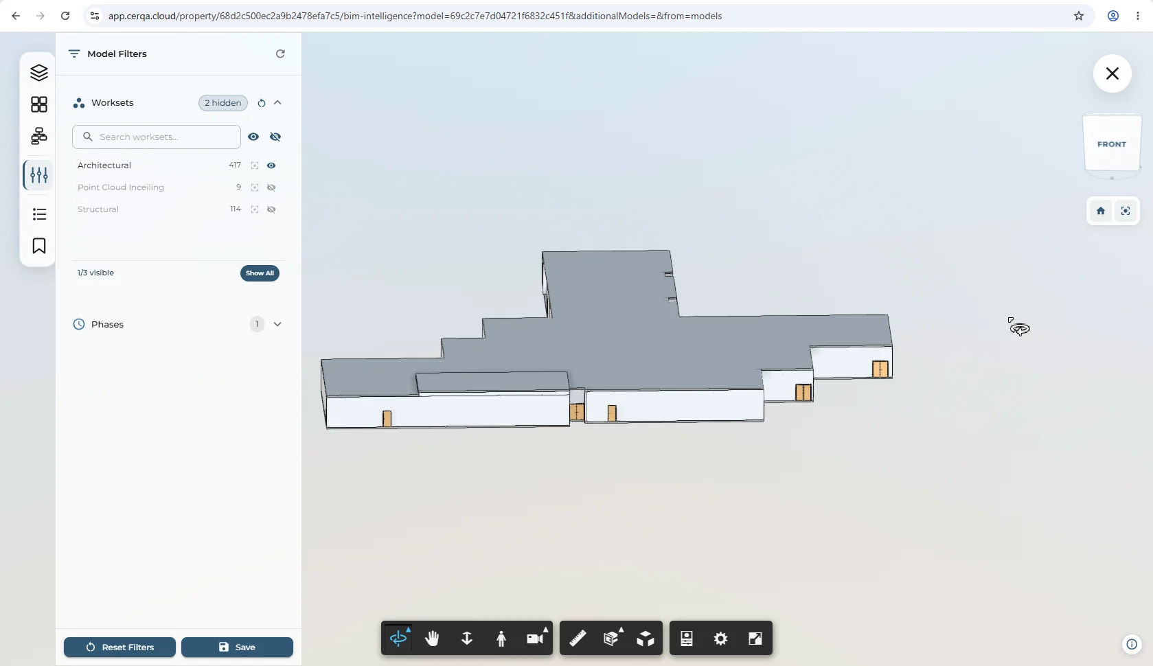 The BIM viewer with a Workset filter chip applied above the canvas, narrowing visibility to a single workset. The model on screen reflects the filter (only the matching workset's geometry is visible).