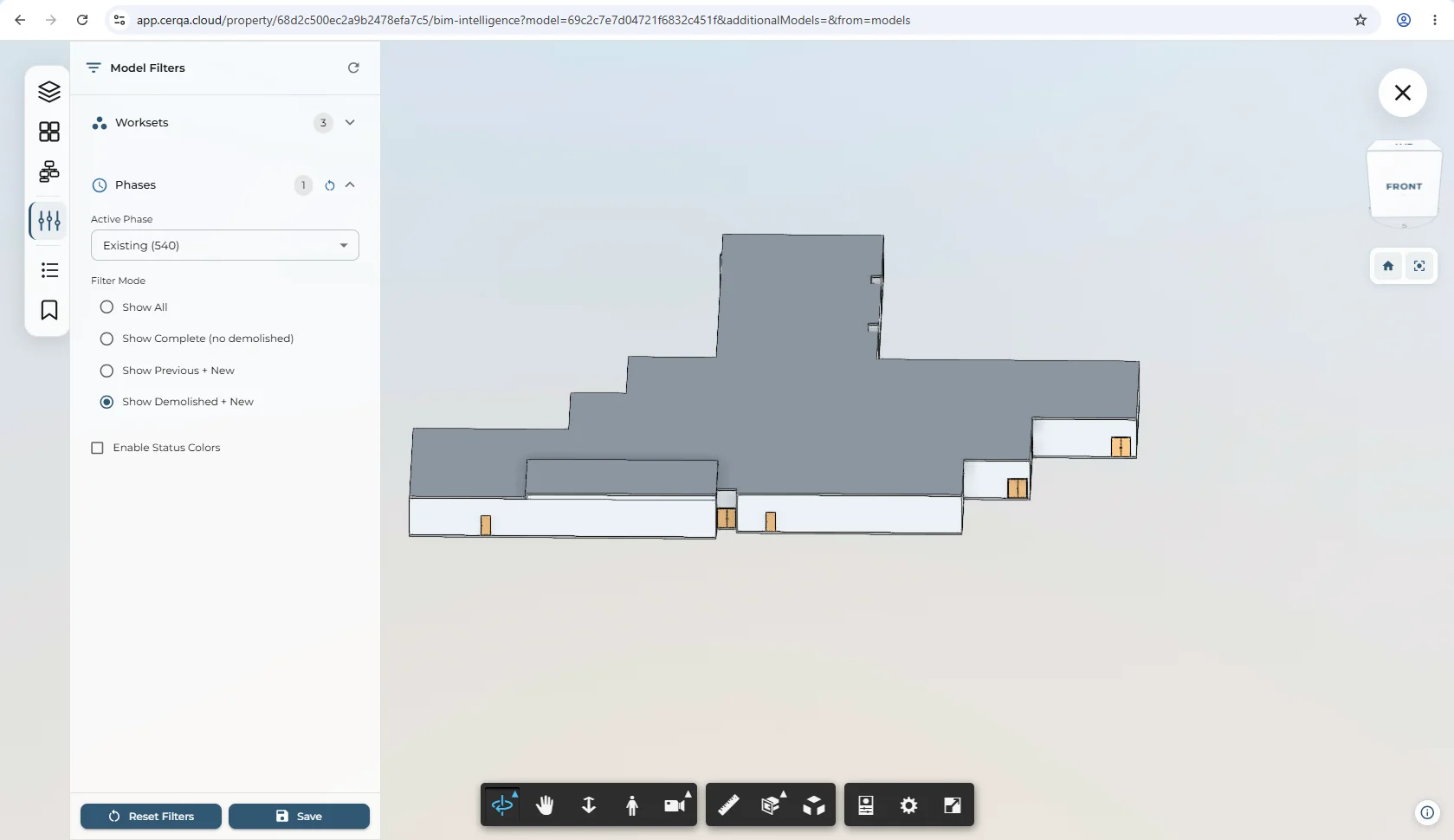 The BIM viewer with a Phase filter chip applied, narrowing visibility to a single construction phase such as 'New Construction'.