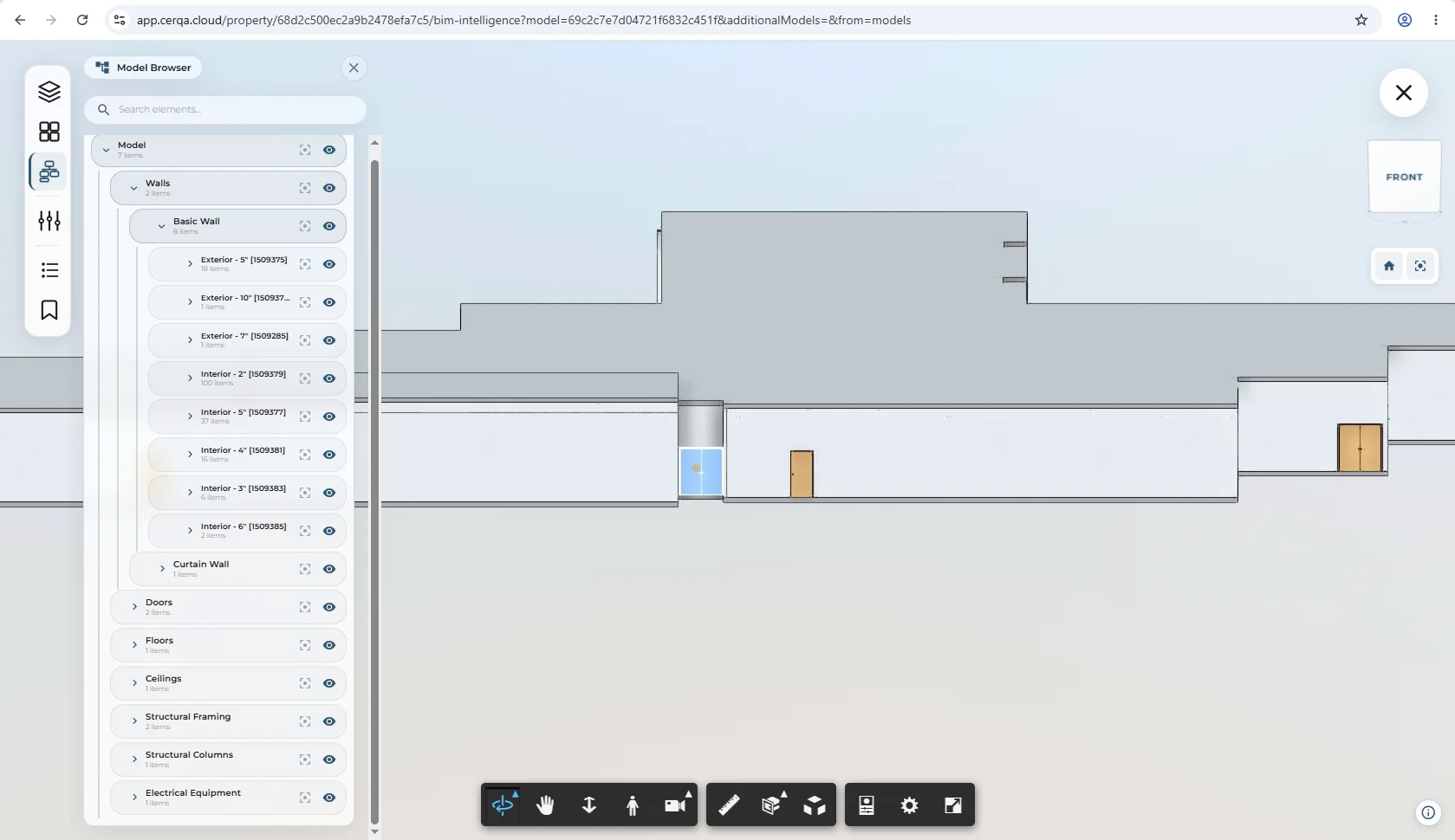 The Model Browser panel open alongside the BIM viewer, with the element tree expanded several levels deep. A category is selected and its instance children are visible below.
