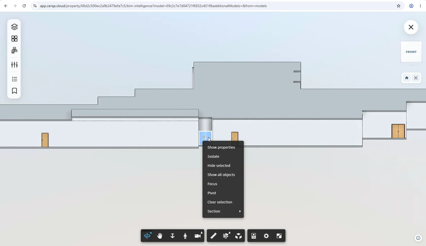 The BIM viewer with the cursor hovering over a structural element and the Element Info on Hover panel shown next to the cursor, showing the element's name, type, and a few key properties.