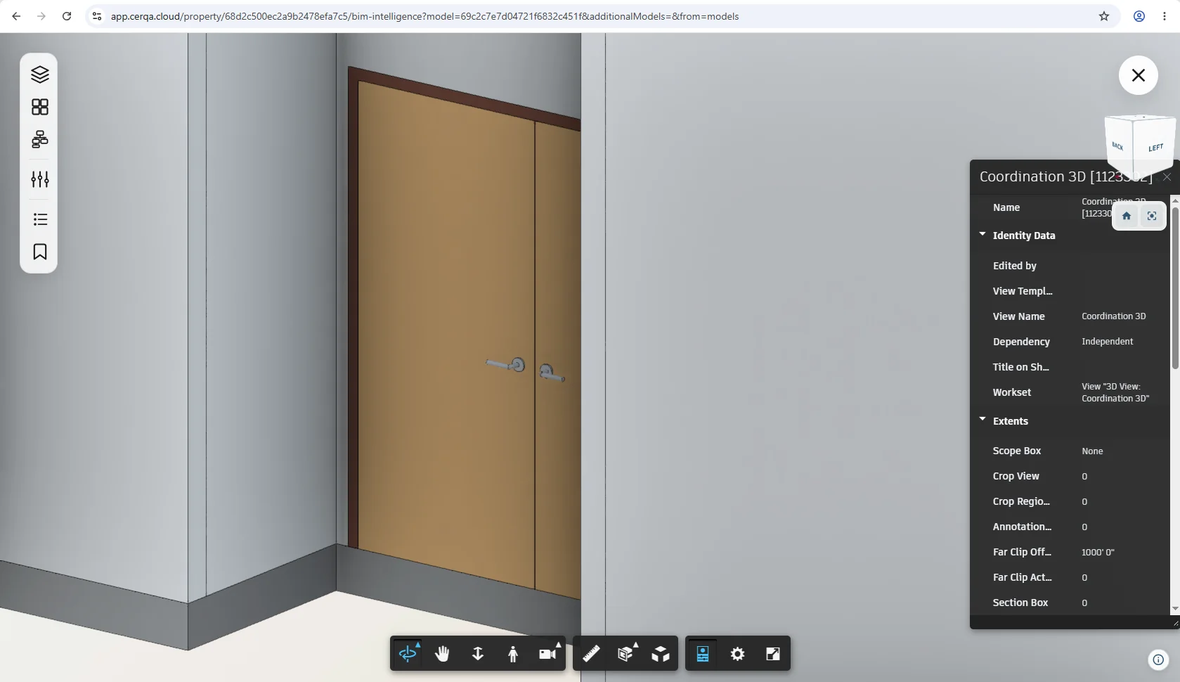 The full Element Properties panel open as a sidebar on the right of the BIM viewer, listing the selected element's properties grouped into sections, with the element highlighted in the canvas.