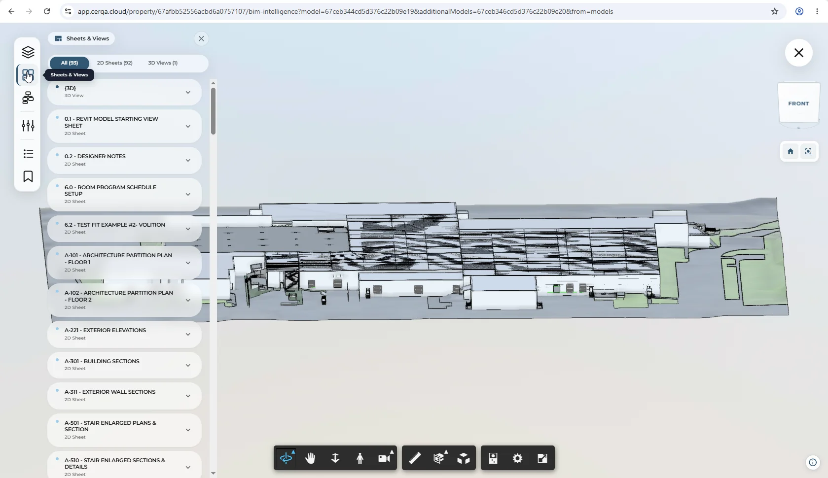 The Sheets and Views switcher panel open over the BIM viewer, listing several sheet names and view names. One sheet is highlighted to show selection.