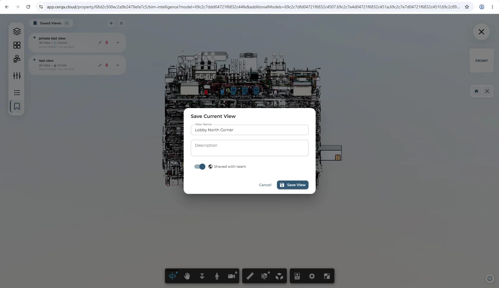 The Save Current View dialog open over the BIM viewer captured under a Viewer-role actor, with the view name filled in and the Shared with team toggle turned on. The Viewer-actor framing shows that saving a view is not role-gated.