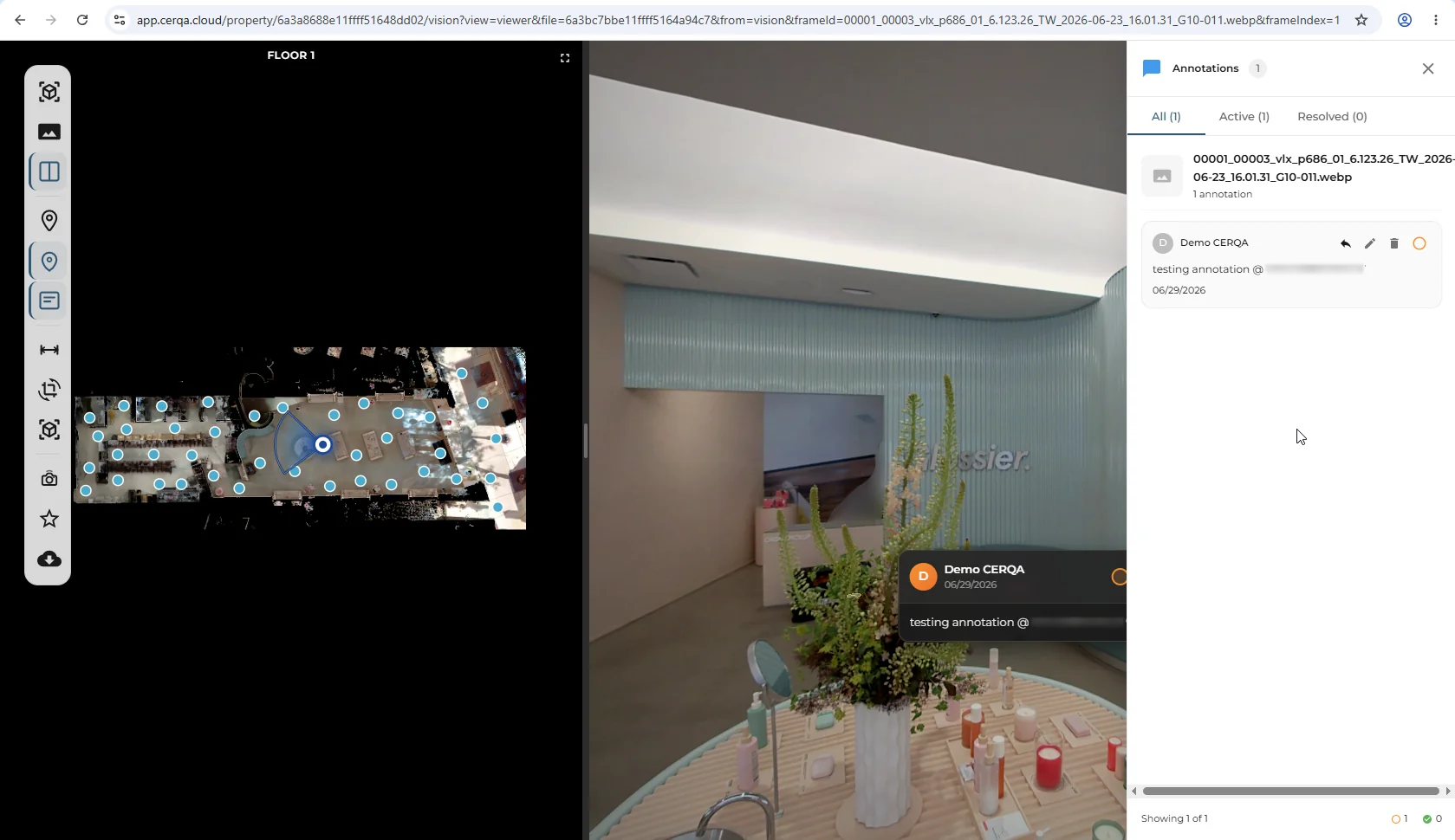 A 360 view with an annotation pin selected and its thread expanded to the side, showing the original annotation text plus two threaded replies including an @-mention chip linking to a tagged teammate.