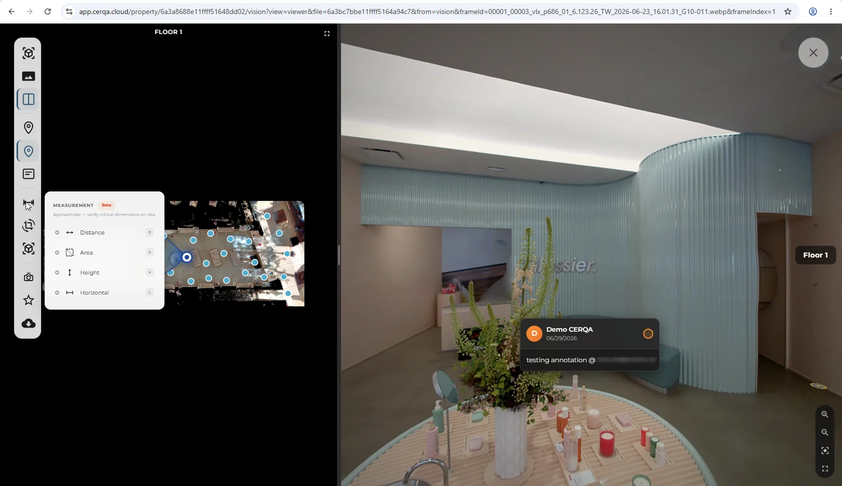 The measurement-mode chooser open inside a 360 view in CERQA Vision, showing all four modes (Distance, Area, Height, Horizontal) side by side, each with the Beta badge visible on its label.