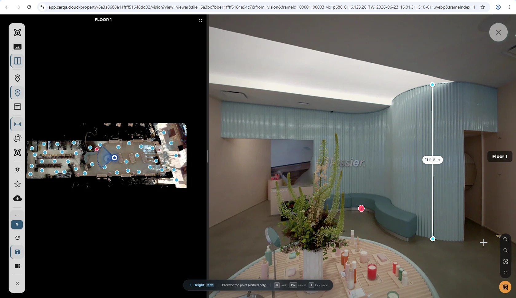 A 360 view in CERQA Vision with one measurement mode active (Distance shown), two measurement points placed on the panorama, and a numeric distance readout displayed in both metric and imperial units.