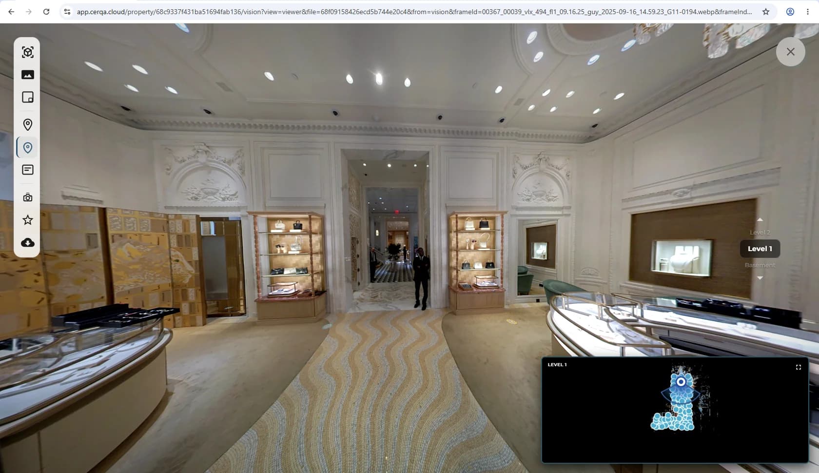 The Vision tab on a property in CERQA opened to the default Immersive view: a 360 panorama fills the work area, the Vision sidebar with its icon controls sits down the left edge, the level selector (Level 2 / Level 1 / Basement) is on the right, and a floor plan mini-map with pins is in the bottom-right corner.