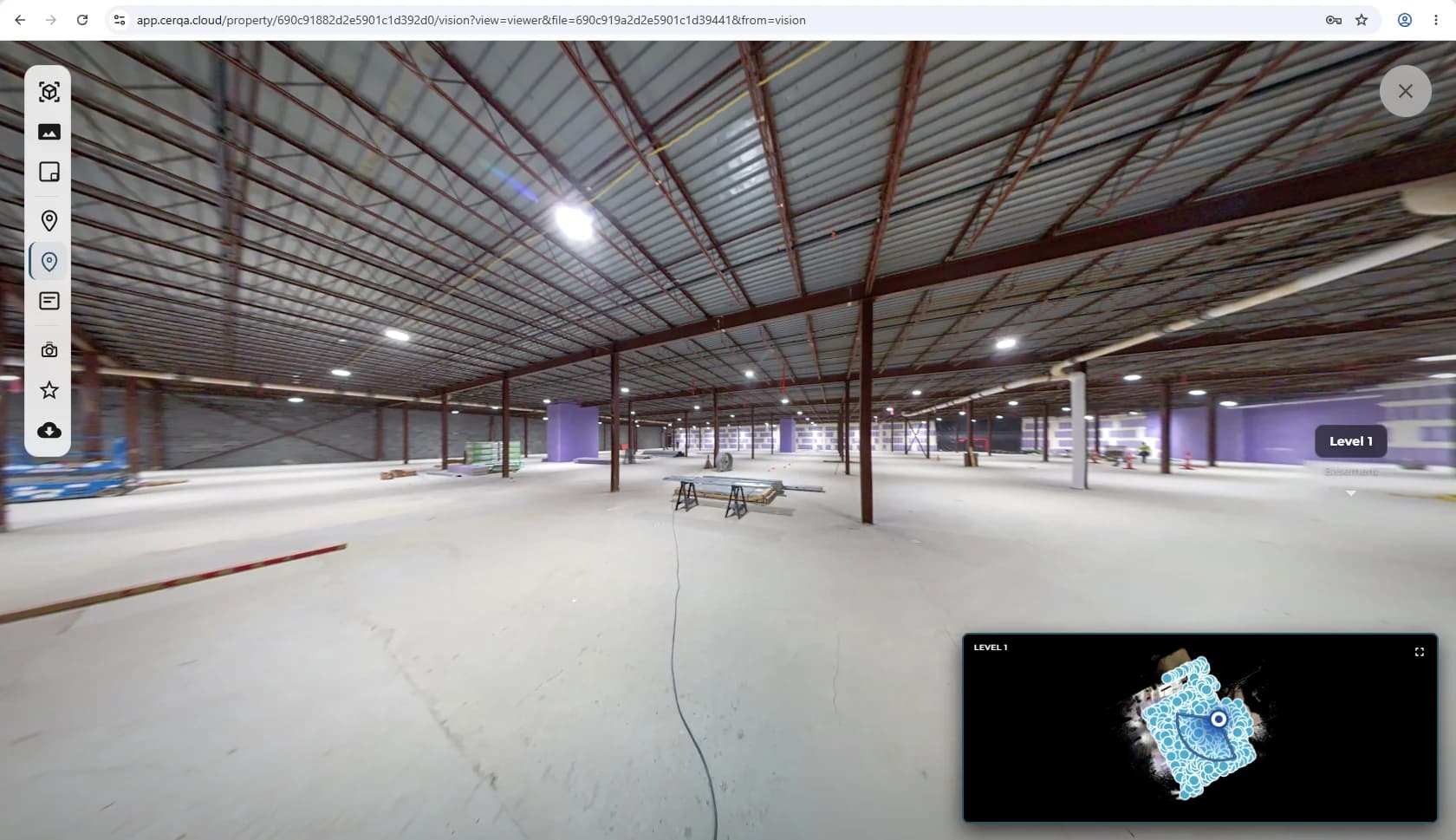 The Vision tab on a property in CERQA on first open, in the default Immersive layout: a 360 panorama of a construction interior fills the work area, the Vision sidebar runs down the left edge as a vertical icon stack, a Level 1 selector sits at the right, and the floor-plan mini-map in the bottom-right corner shows the walkthrough pins with the current position marked.