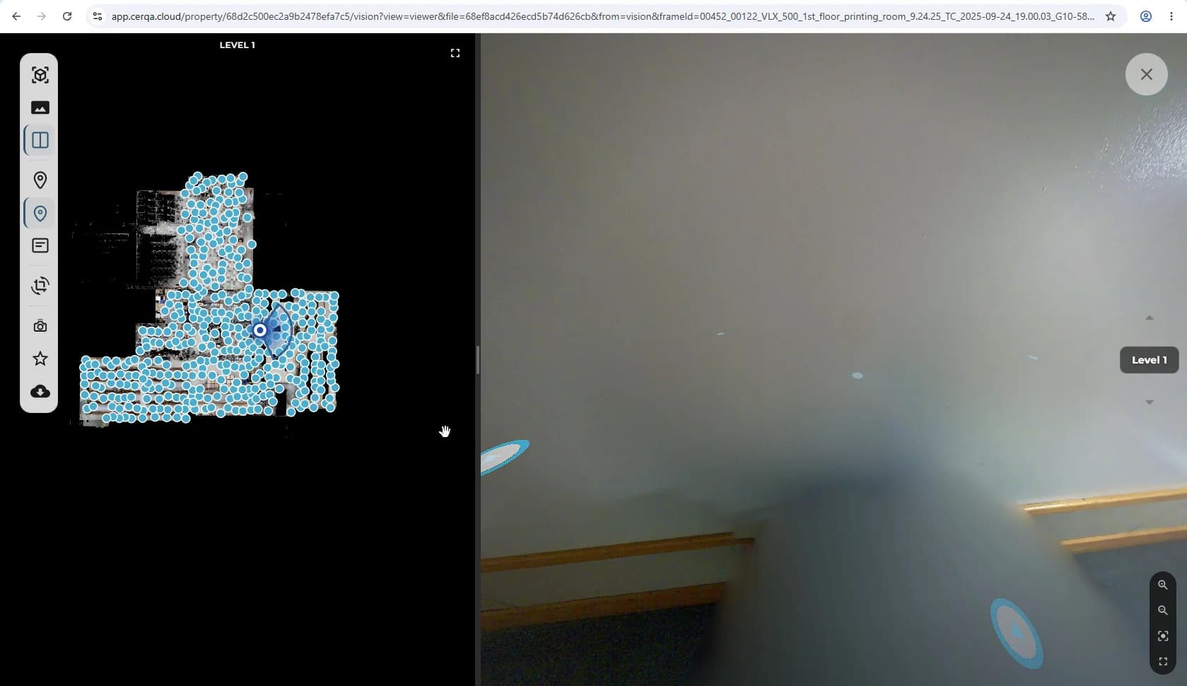 A 360 panorama open in CERQA Vision, with the look/walk interaction visible and several walkthrough pins overlaid inside the panorama at spatially-neighboring capture positions.