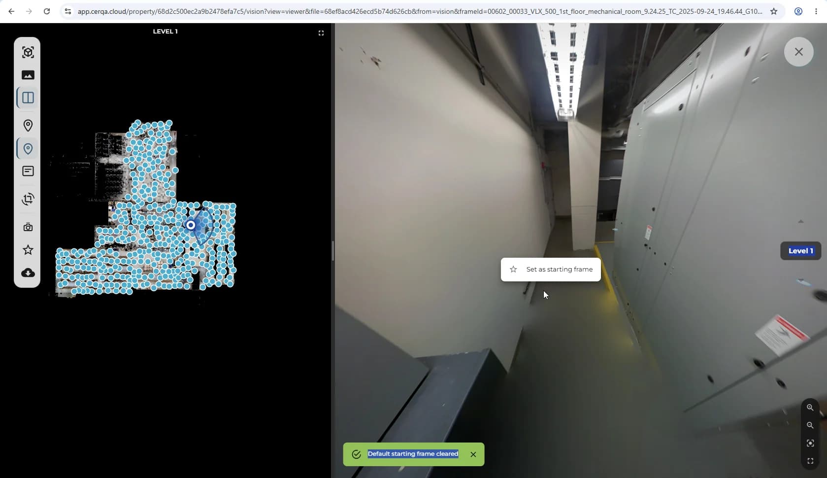 The right-click context menu inside a 360 view in CERQA Vision, with the 'Set as starting frame' option highlighted in the menu list.
