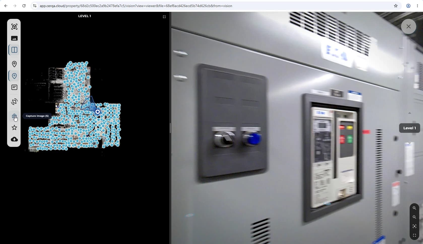 The Vision sidebar with the camera icon (Capture image control) highlighted and its tooltip reading 'Capture image (S)'. The icon sits alongside the other Vision sidebar controls.