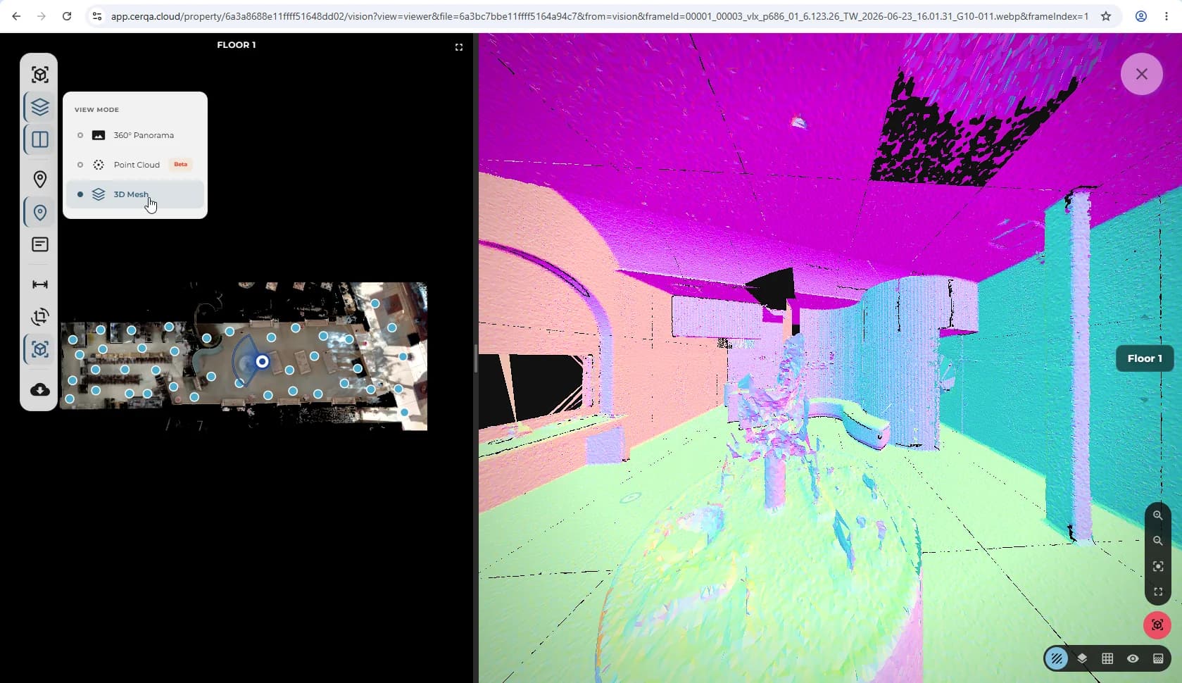 The Vision sidebar's VIEW MODE control with the 3D Mesh option highlighted (no Beta badge), shown alongside a 360 view displayed as mesh-reconstructed geometry.