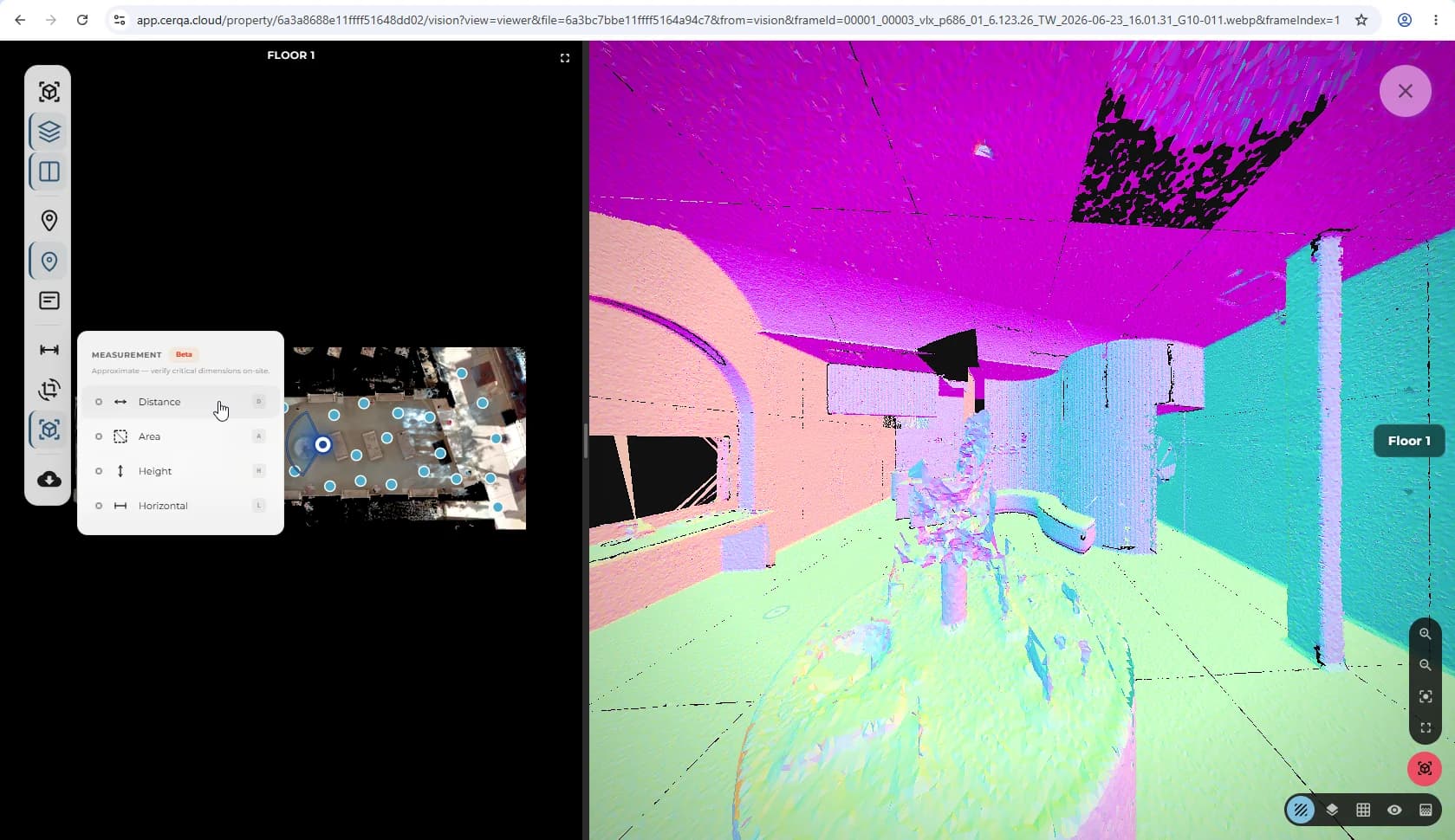 The 4-mode measurement chooser open inside a Vision mesh view, showing Distance, Area, Height, and Horizontal modes side by side with a Beta badge on each label. The active VIEW MODE is 3D Mesh, visible in the sidebar.
