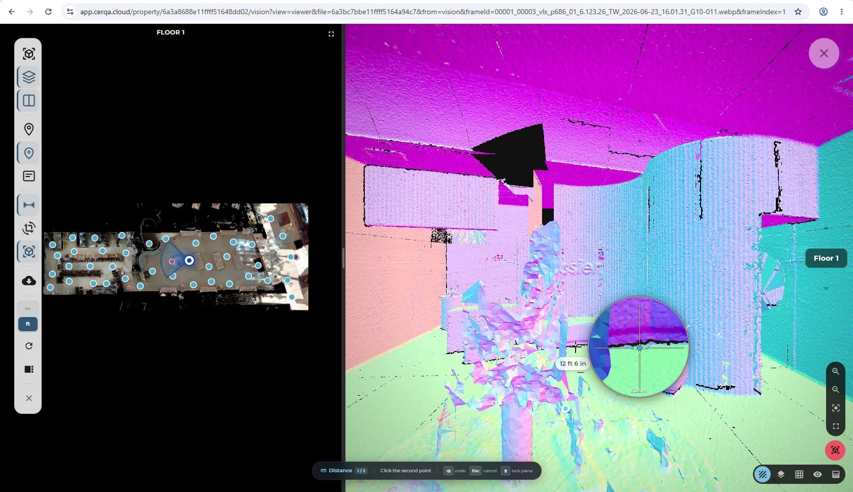 A Distance measurement in progress on a Vision mesh view in CERQA Vision: the action bar reads Distance, 1 of 2 points, Click the second point, and a circular magnifier with crosshairs sits at the cursor showing the mesh at higher zoom while a 12 ft 6 in readout displays beside it.