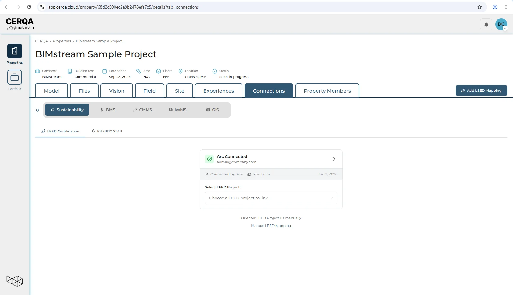 A property workspace tab bar in CERQA on a property whose company has every module, showing the tabs in order: Model, Files, Vision, Field, Site, Experiences, Connections, Property Members. Connections is the active tab, and the Sustainability section of its content is open below the bar.