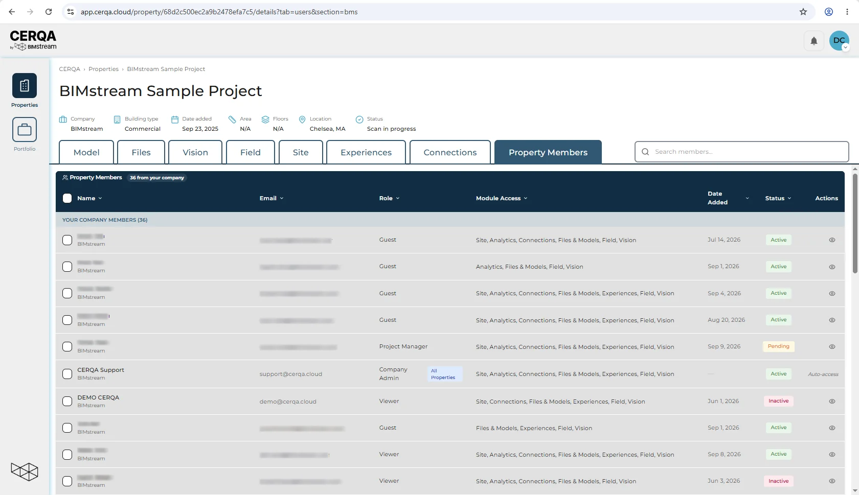 A property's Property Members tab as a Project Manager sees it. The sidebar shows only Properties and Portfolio. The tab lists the property's members from the PM's own company under the heading Property Members, 36 from your company, with Name, Email, Role, Module Access, Date Added and Status columns. No cross-company tab or section is shown.