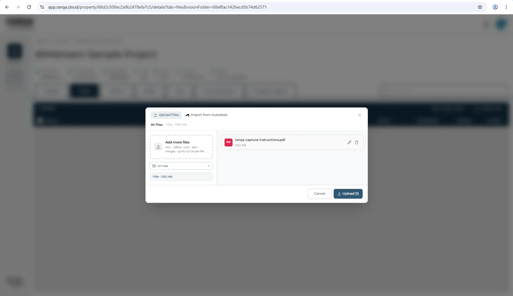 The Upload dialog open over the Files tab in CERQA, with several files queued in the dialog and the destination folder picker visible. The Upload button on the Files tab is highlighted in the background.