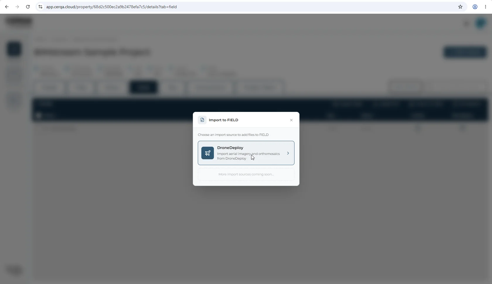 The Field tab on a property with the 'Import DroneDeploy' button highlighted in the page header, illustrating where the Path B entry point sits.