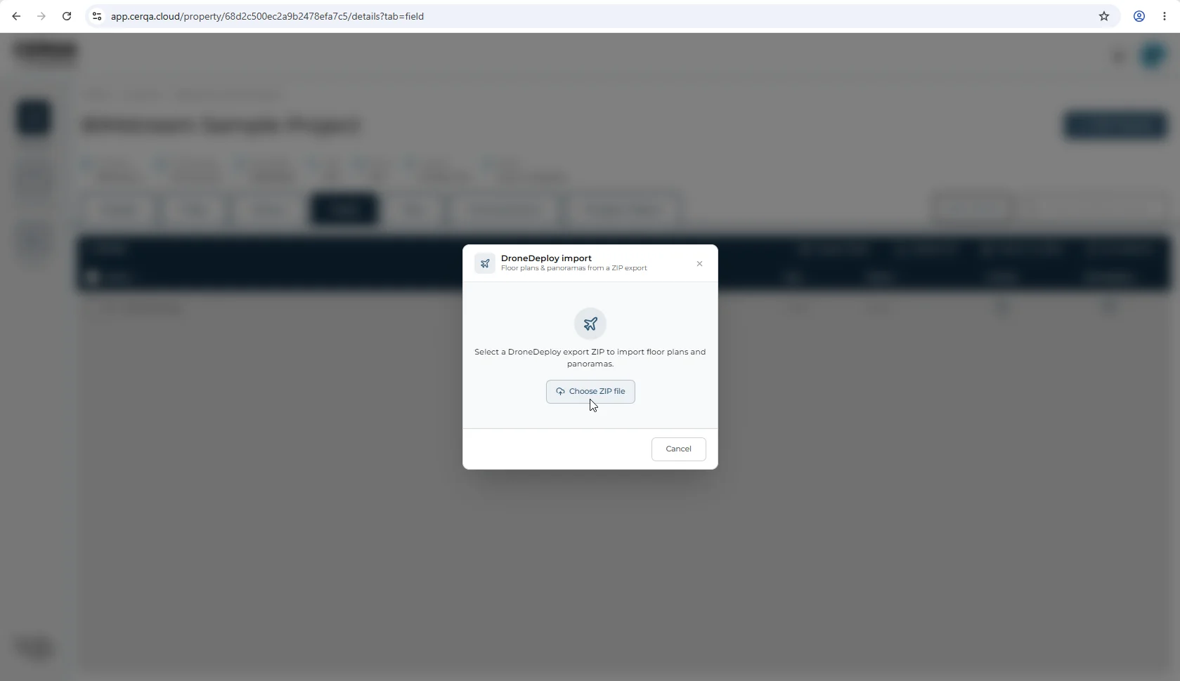 The 'DroneDeploy import' modal open over the Field tab, showing the ZIP-selection state ready to accept a DroneDeploy export ZIP.