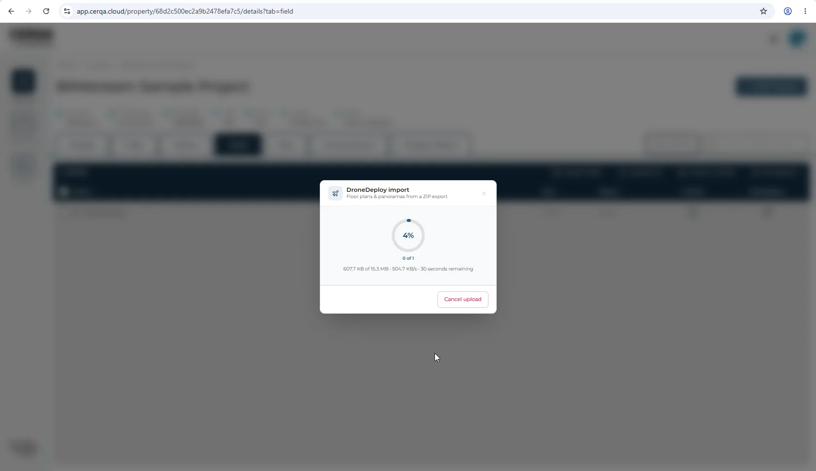 The DroneDeploy processing-status component mid-progress, showing extraction and ingestion of floor plans and panoramas from the uploaded ZIP.