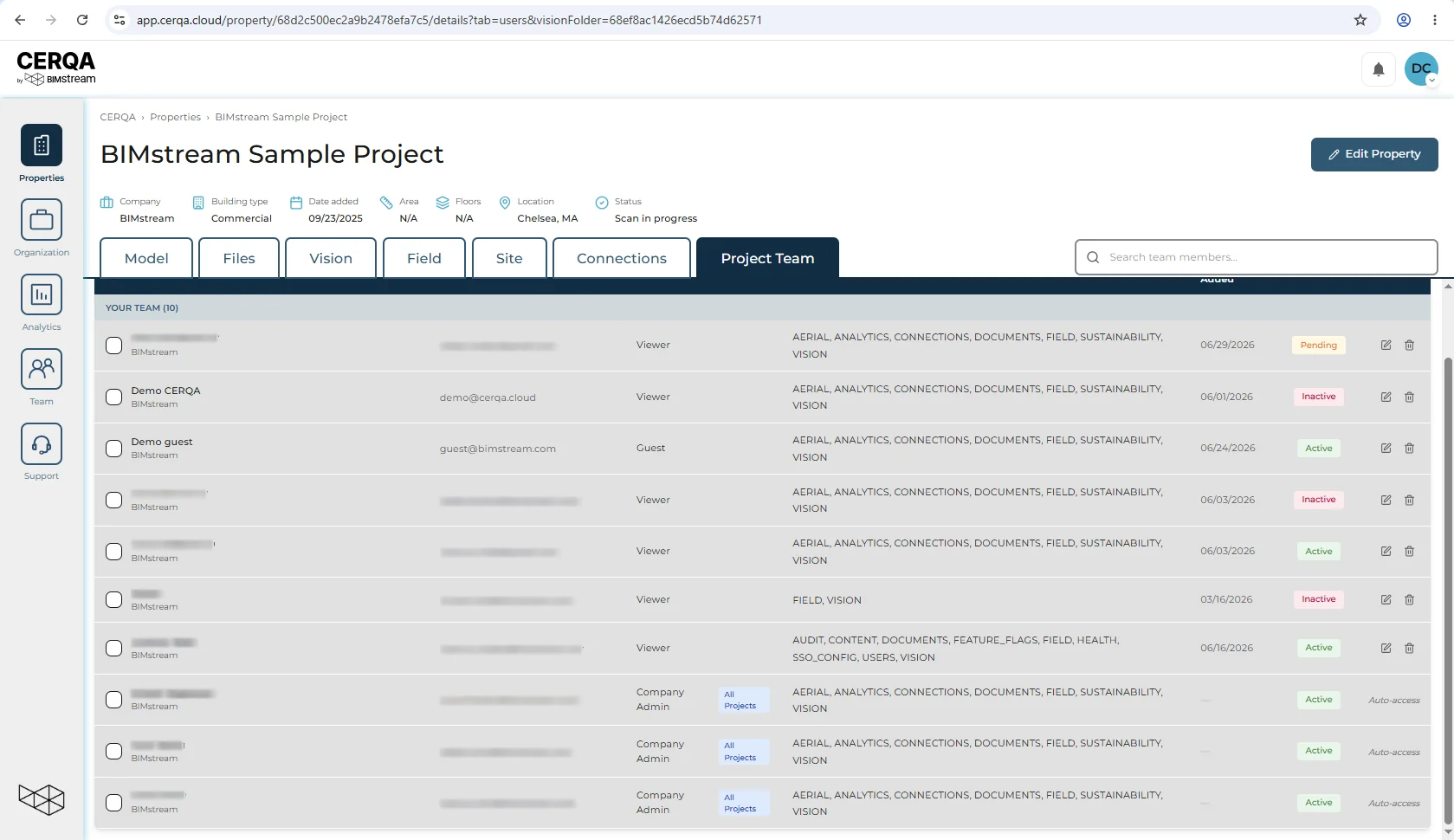 The Team page in CERQA captured under a regular Company Admin actor, showing the 'All Members' top-level tab and no Cross-Company Access tab in the page header. Even a standard customer Company Admin does not see the Cross-Company Access surface.