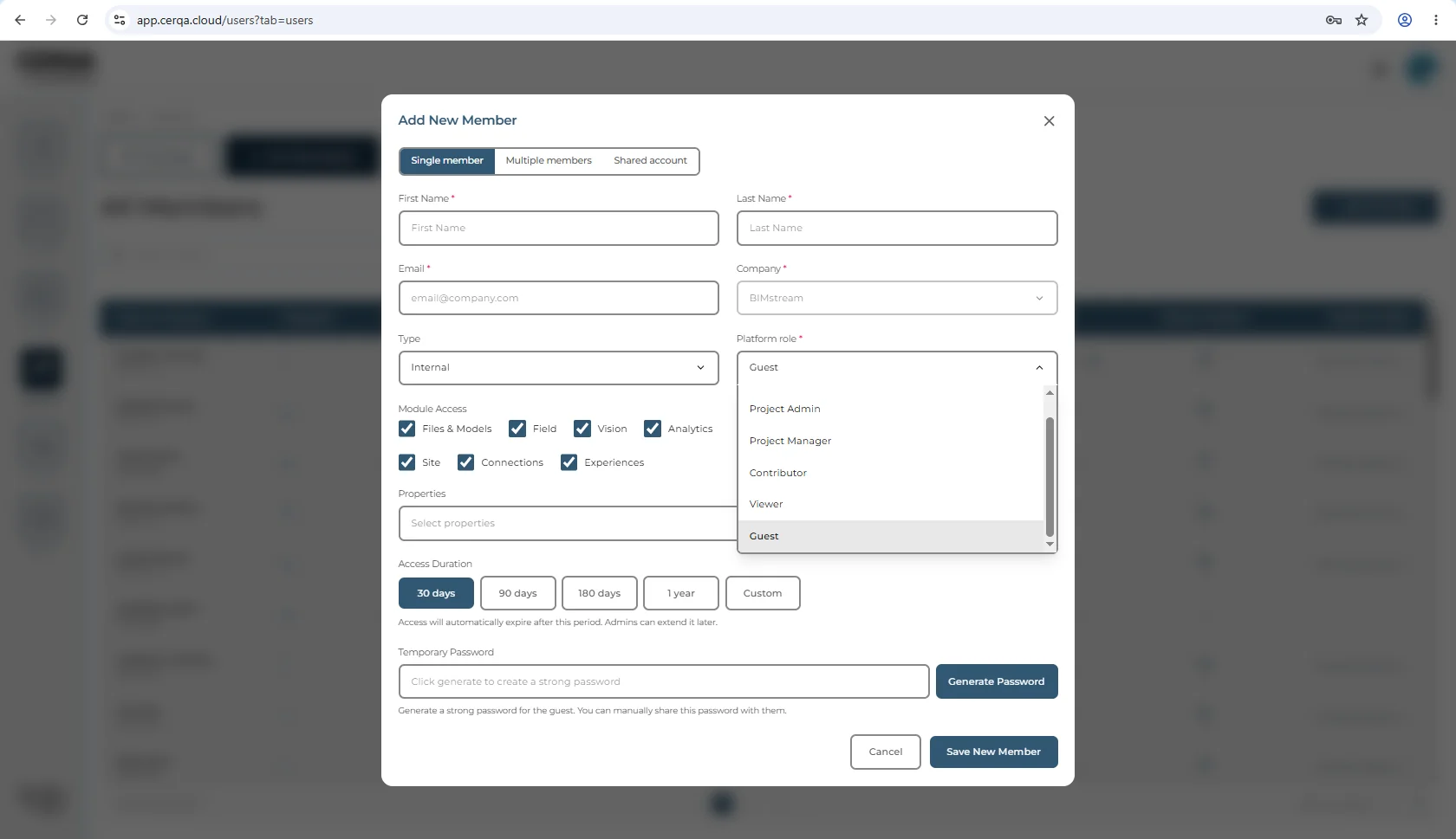 The Add New Member dialog with Guest chosen in the Platform role dropdown, the option highlighted mid-selection. Choosing Guest changes the form: the Access Duration row offers 30, 90 and 180 days, 1 year and Custom with 30 days selected and no no-expiry option, and a Temporary Password field appears with a Generate Password button.