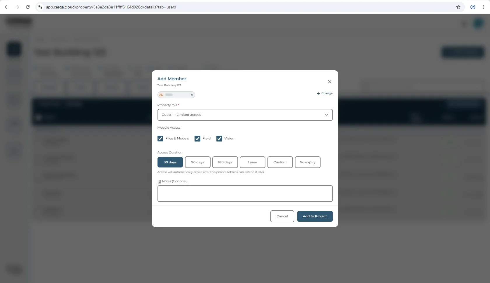 The Add Member dialog opened from a property's Property Members tab, with Guest ('Limited access') selected in the Property Role dropdown, the Module Access section showing three checkboxes (Files & Models, Field, Vision) all checked, and an Access Duration control below with preset chips (30 days, 90 days, 180 days, 1 year, Custom, No expiry) with 30 days selected as the default. Helper text under the presets reads 'Access will automatically expire after this period. Admins can extend later.'